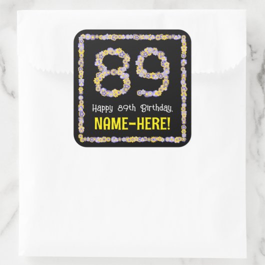89e verjaardag: Floral Flowers Number, Custom Name Vierkante Sticker (Tas)