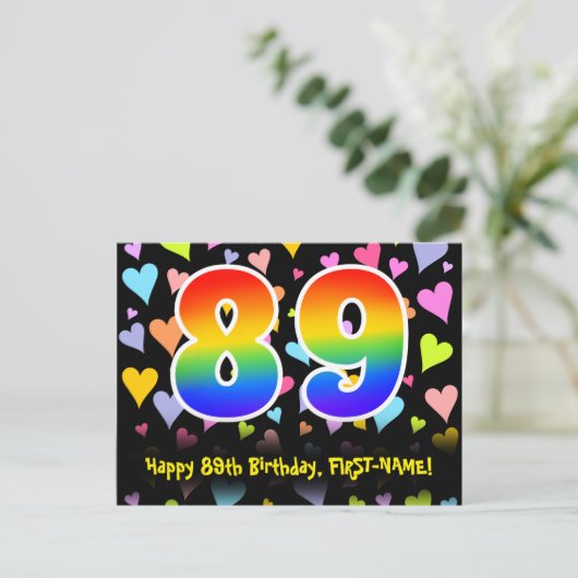 89e verjaardag: Fun Hearts Pattern, Regenboog 89 Briefkaart (Staand voorkant)