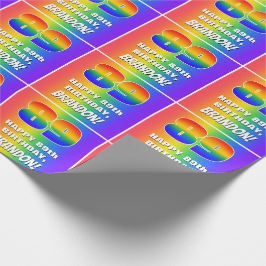 89e verjaardag: kleurrijk, vun regenboogpatroon #  cadeaupapier (Hoek)