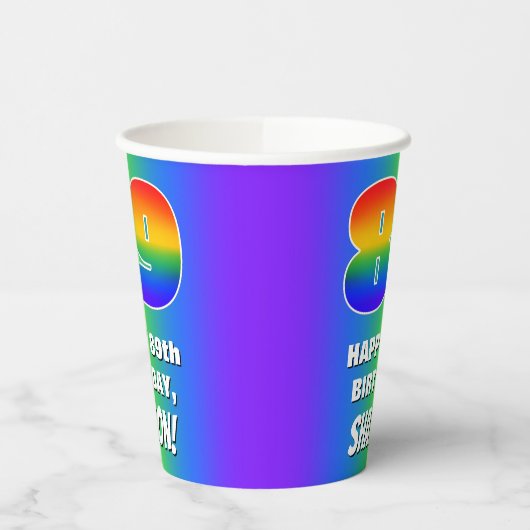 89e verjaardag: kleurrijk, vun regenboogpatroon # papieren bekers (Links)