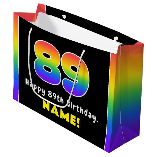 89e verjaardag: kleurrijke regenboog # 89, Naam va Groot Cadeauzakje (Voorkant Gekanteld)
