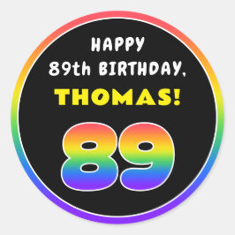 89e verjaardag: kleurrijke regenboog # 89, Naam va Ronde Sticker