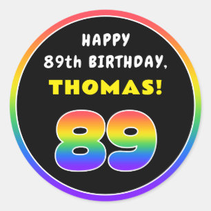 89e verjaardag: kleurrijke regenboog # 89, Naam va Ronde Sticker