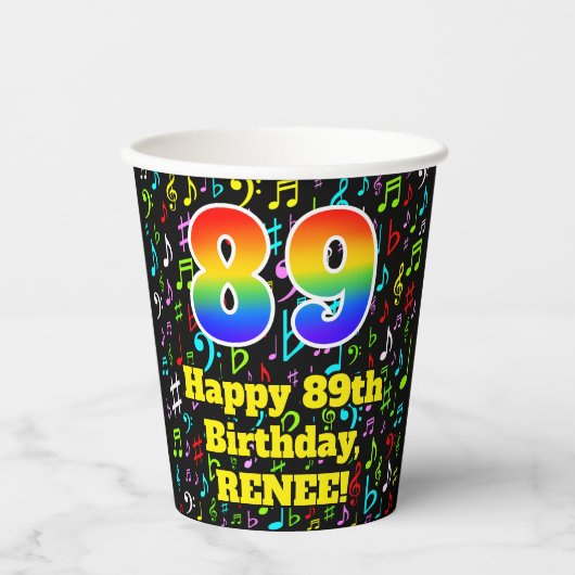 89e Verjaardag: Plezier Muzieknoten, Regenboog 89 Papieren Bekers (Voorkant)