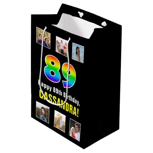 89e verjaardag: Regenboog "89", aangepaste foto's  Medium Cadeauzakje (Voorkant Gekanteld)