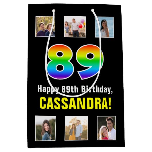 89e verjaardag: Regenboog "89", aangepaste foto's  Medium Cadeauzakje (Voorkant)