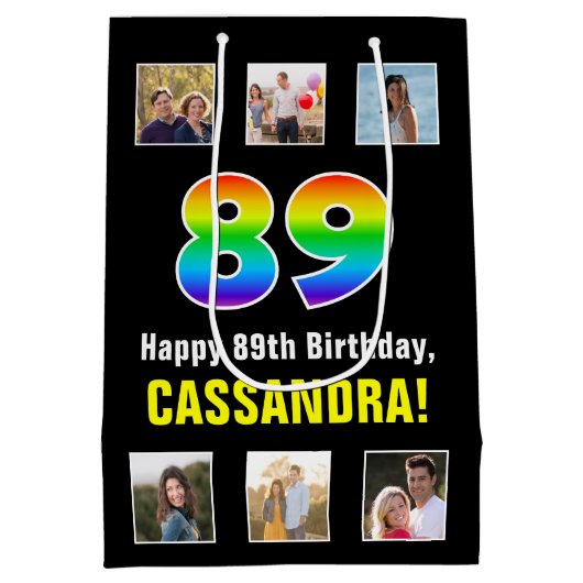89e verjaardag: Regenboog "89", aangepaste foto's Medium Cadeauzakje (Achterkant)