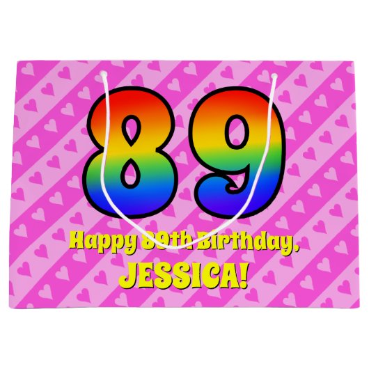 89e verjaardag: Roze strips & harten, regenboognr. Groot Cadeauzakje (Voorkant)