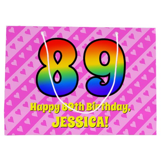 89e verjaardag: Roze strips & harten, regenboognr. Groot Cadeauzakje (Achterkant)