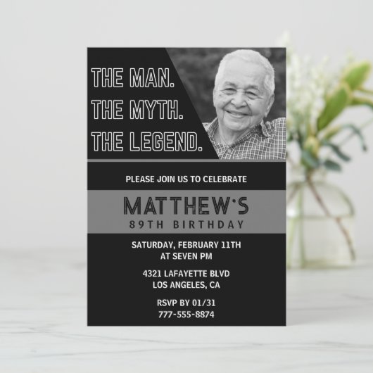 89e verjaardag uitnodiging Black The Man The Legen (Staand voorkant)