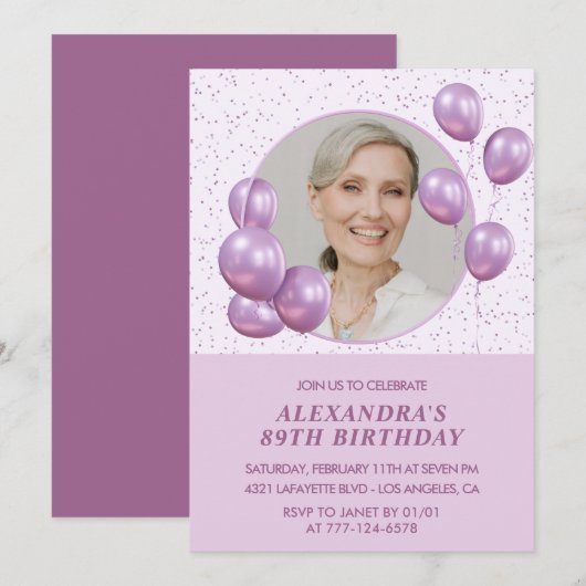 89e verjaardag uitnodigingen Foto Paarse ballonnen (Voorkant / Achterkant)