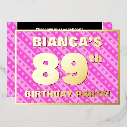 89e verjaardag van de Vogelroze harten en strips Folie Uitnodiging (Voorkant / Achterkant)