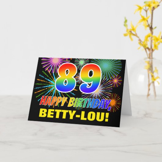 89e verjaardag: Vet, Plezier, Vuurwerk, Regenboog  Kaart (Gele Bloem)