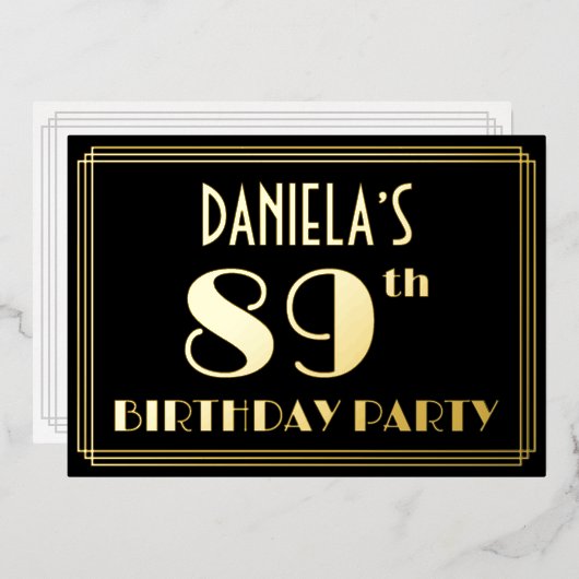 89ste verjaardag: Art Deco Kijk "89", met naam Folie Uitnodiging (Voorkant / Achterkant)
