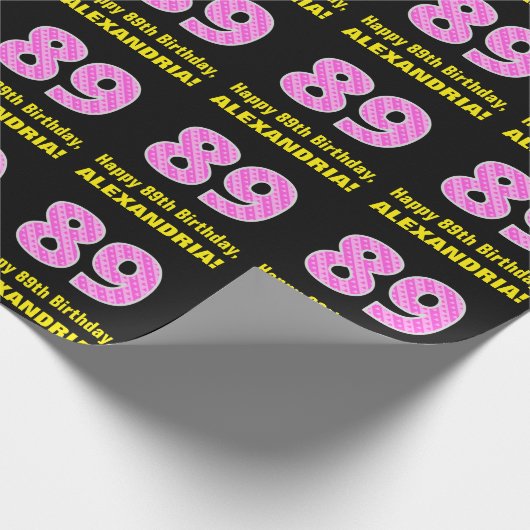 89ste verjaardag: roze strepen en harten "89" + na cadeaupapier (Hoek)