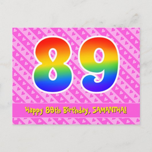 89ste verjaardag: Roze strepen & harten, Regenboog Briefkaart (Voorkant)