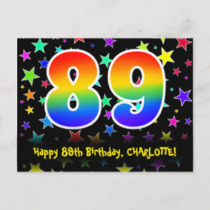 89th Birthday: Fun Stars Pattern, Rainbow 89, Name Briefkaart