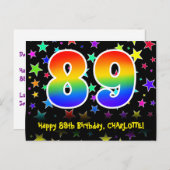 89th Birthday: Fun Stars Pattern, Rainbow 89, Name Briefkaart (Voorkant / Achterkant)