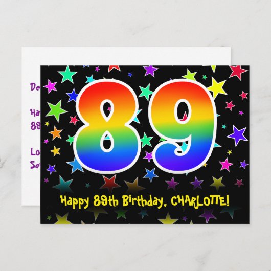 89th Birthday: Fun Stars Pattern, Rainbow 89, Name Briefkaart (Voorkant / Achterkant)