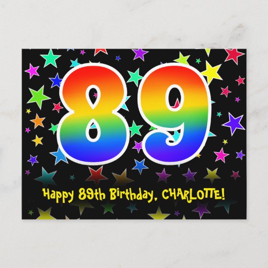 89th Birthday: Fun Stars Pattern, Rainbow 89, Name Briefkaart (Voorkant)