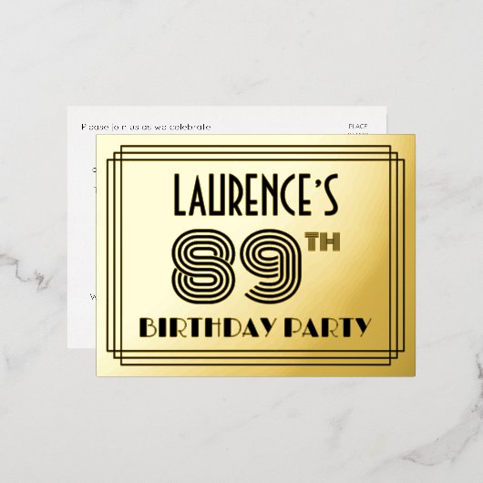 89th Birthday Party ~ Art Deco Style "89" + naam Folie Uitnodiging Briefkaart (Voorkant / Achterkant)