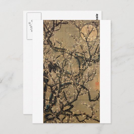 8. 梅 晧 図, 若 冲 Moon en Plum Blossom, Jakuchüu Briefkaart (Voorkant / Achterkant)