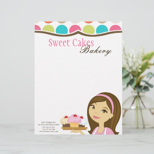 8.5x11 Bakkerij Brunette Baker Cup Cakes Letter He Gepersonaliseerd Briefhoofd (Staand voorkant)
