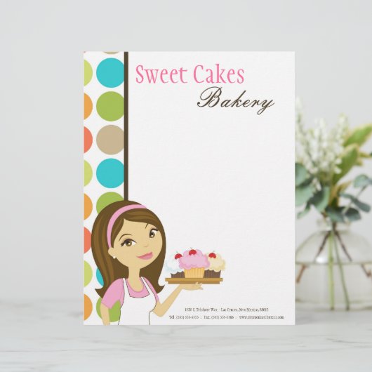 8.5x11 Bakkerij Brunette Baker Cup Kakes Letter He Briefhoofd Sjabloon (Staand voorkant)