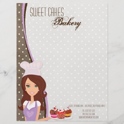 8.5x11 Brunette Baker Paarse Cup Cake Letter Head Custom Briefhoofd (Voorkant)