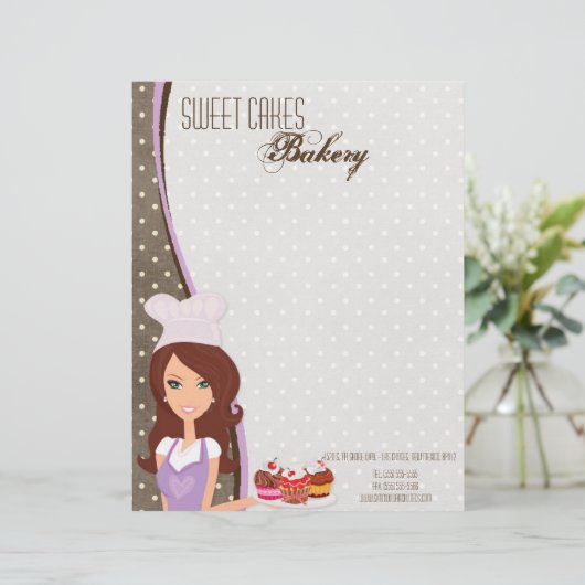 8.5x11 Brunette Baker Paarse Cup Cake Letter Head Custom Briefhoofd (Staand voorkant)
