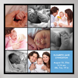 8 baby foto moderne collage blauwe zwarte rand poster