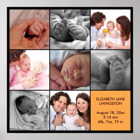8 baby foto moderne collage gele zwarte rand poster (Voorkant)