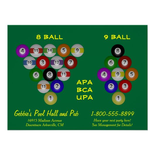 8 Ball 9 Ball Rek Billiardruimte Perfect Poster (Voorkant)