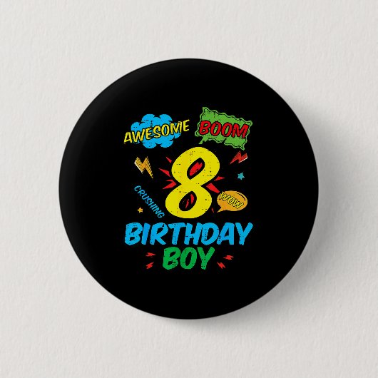 8 Birthday Boy Comic Cool 8th Bday Superhero Party Ronde Button 5,7 Cm (Voorkant)