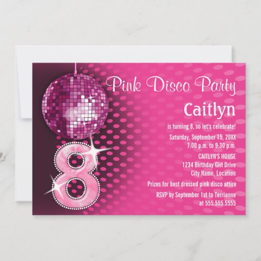 8 Birthday Pink Disco Party Kaart (Voorkant)