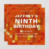 8 bit Block Oranje Kids Birthday Party Invitation Save The Date (Voorkant / Achterkant)