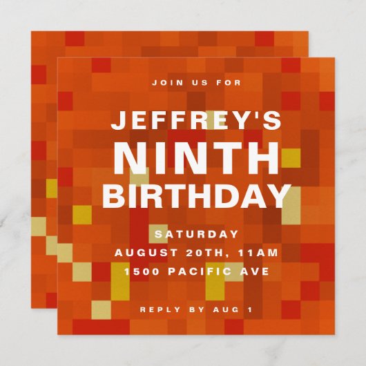 8 bit Block Oranje Kids Birthday Party Invitation Save The Date (Voorkant / Achterkant)