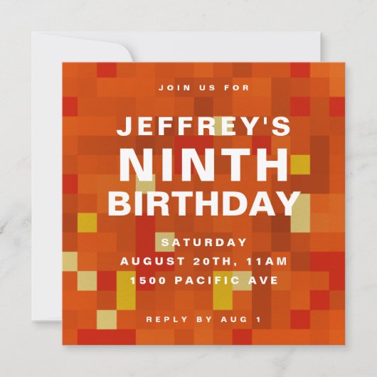 8 bit Block Oranje Kids Birthday Party Invitation Save The Date (Voorkant)