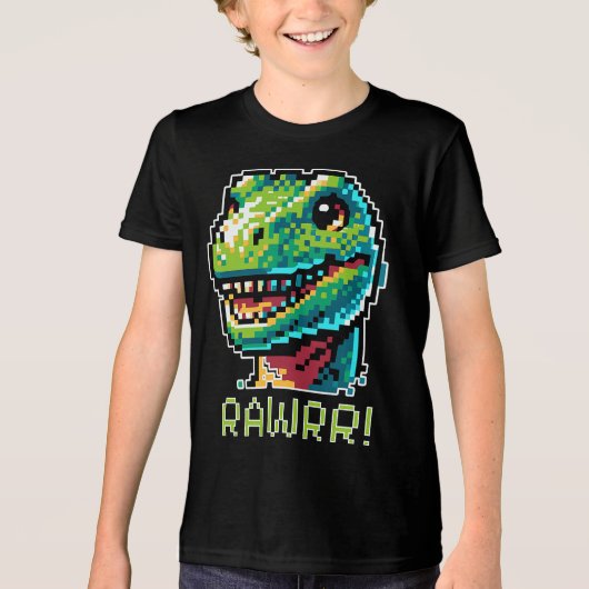 8-bit gaming Pixelated Dinosaur Art Paleontology Tri-Blend Shirt (Voorkant)