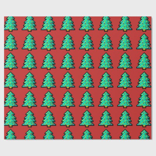 8 bit groene kerstboom met rode achtergrond cadeaupapier (Vlak)