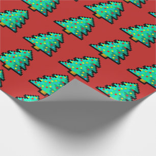 8 bit groene kerstboom met rode achtergrond cadeaupapier