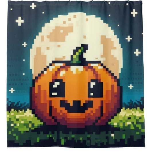 8-bit Halloween pompoen onder de maan Douchegordijn (Voorkant)