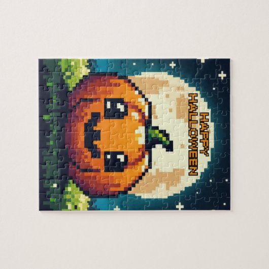 8-bit Halloween pompoen onder de maan Legpuzzel (Horizontaal)