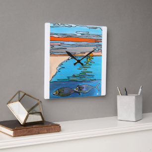 8-Bit Oceaan Zonsopgang Schilderij door Alfred Fox Vierkante Klok