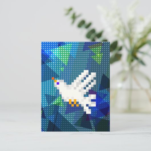 8-bit pixelart witte duif vogel vliegend briefkaart (Staand voorkant)