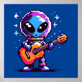 8-bits Alien-gitarist - Retro Pixel Space Music Poster (Voorkant)