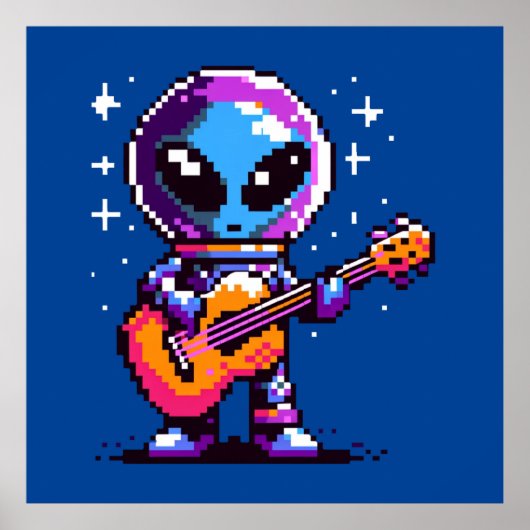 8-bits Alien-gitarist - Retro Pixel Space Music Poster (Voorkant)
