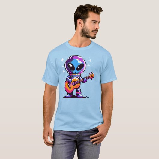 8-bits Alien-gitarist - Retro Pixel Space Music T-shirt (Voorkant volledig)