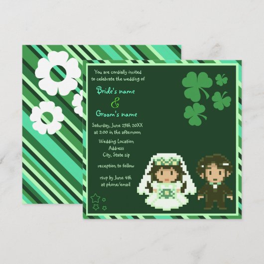8-bits Bride & Groom - Green Wedding Invitations Kaart (Voorkant / Achterkant)