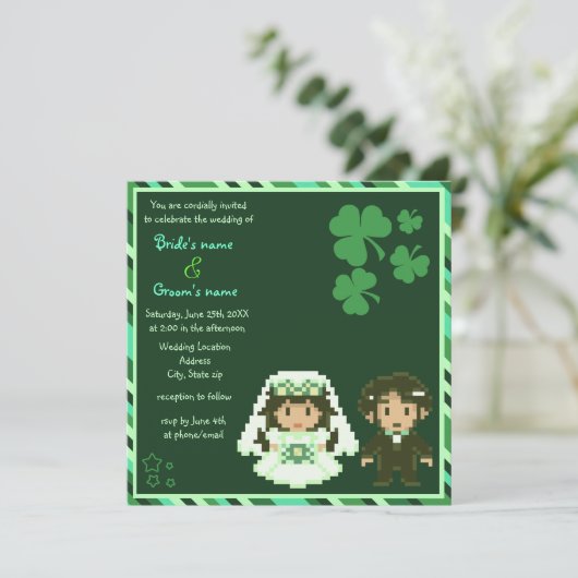 8-bits Bride & Groom - Green Wedding Invitations Kaart (Staand voorkant)